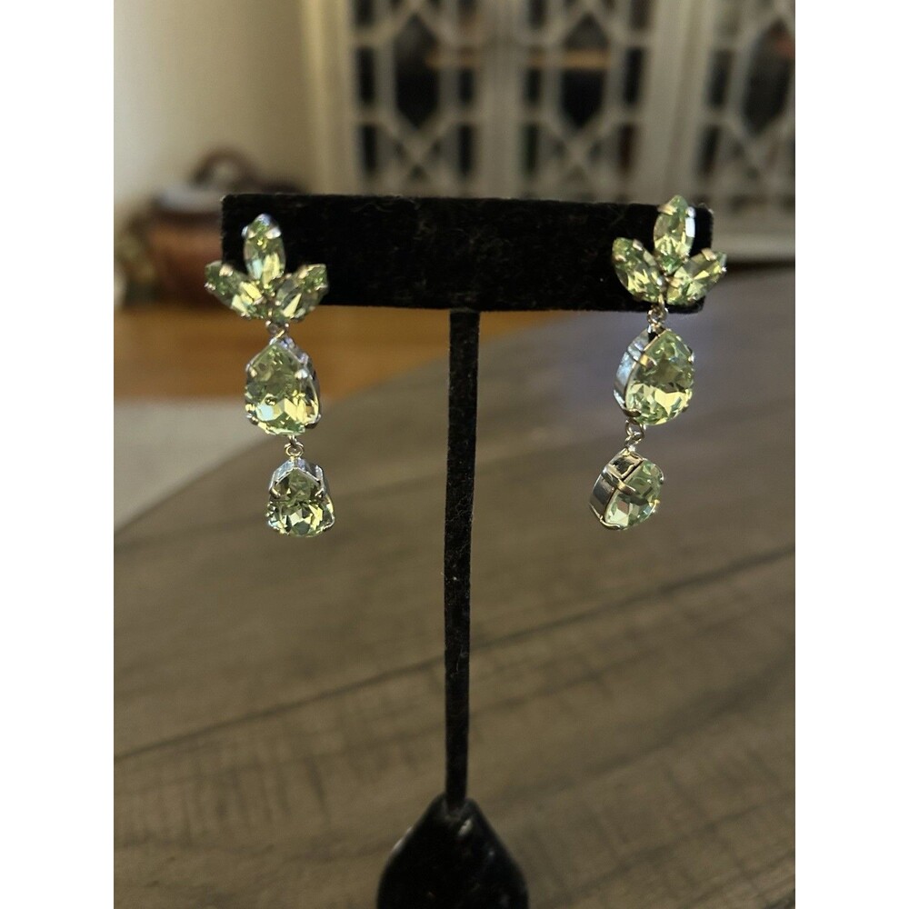 Sparkling Soft Green Rhinestone 2 Inch Dangle Earrings